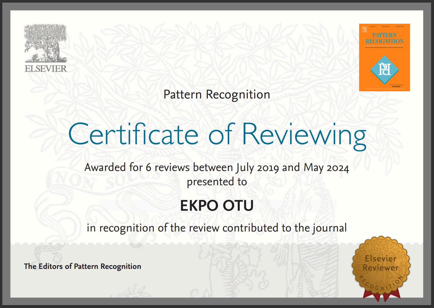 Certificate of Recognition by Elsevier Pattern Recognition to Ekpo Otu