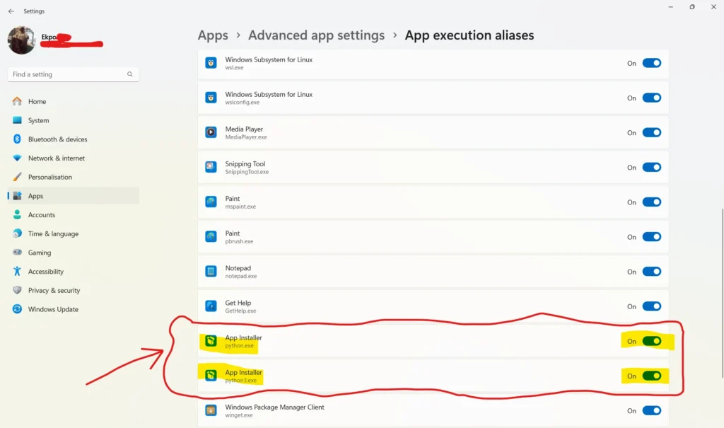 Windows App Execution Aliases example screenshot