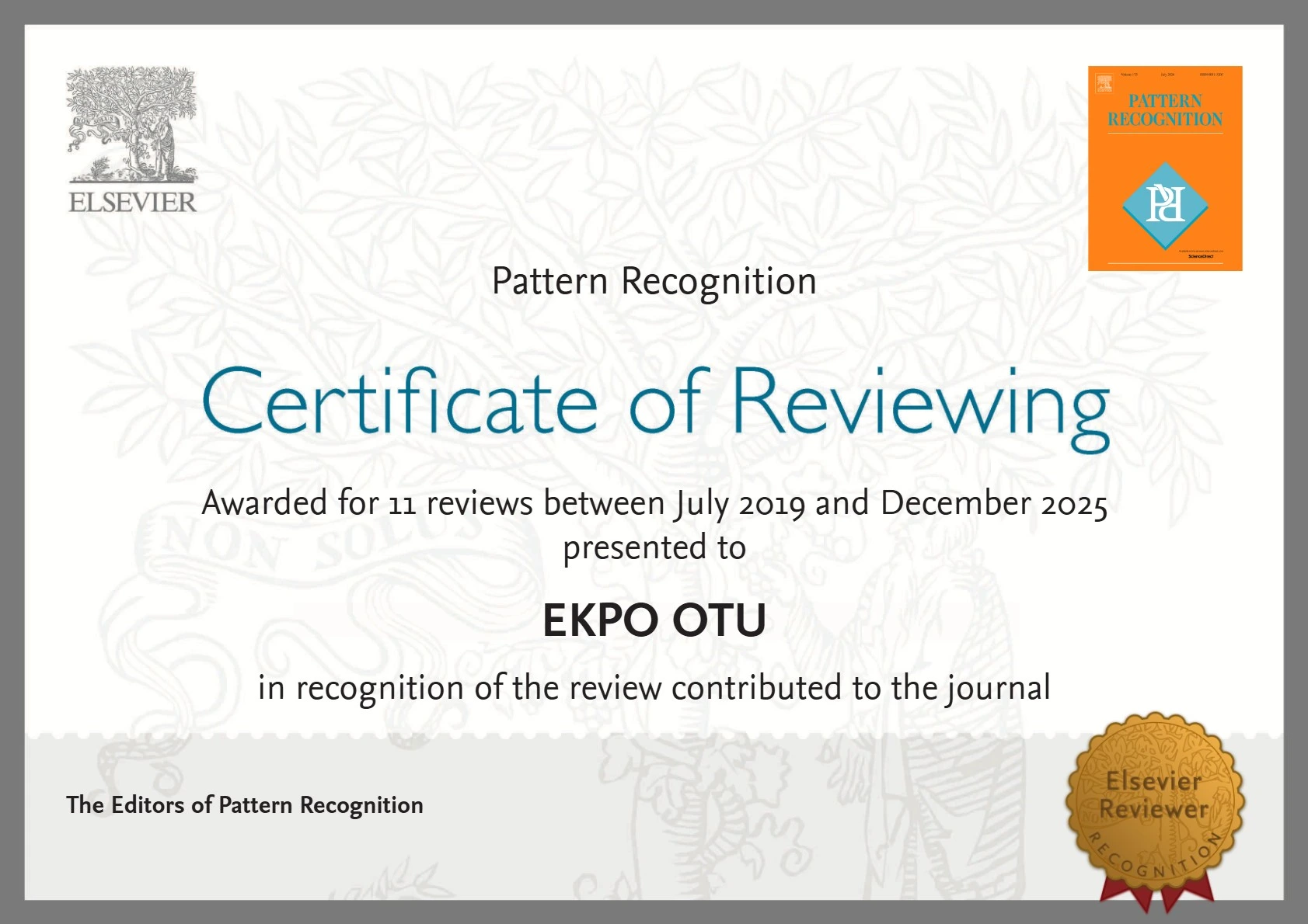 Certificate of Review by Elsevier Journal of Pattern Recognition - Dr. Ekpo Otu
