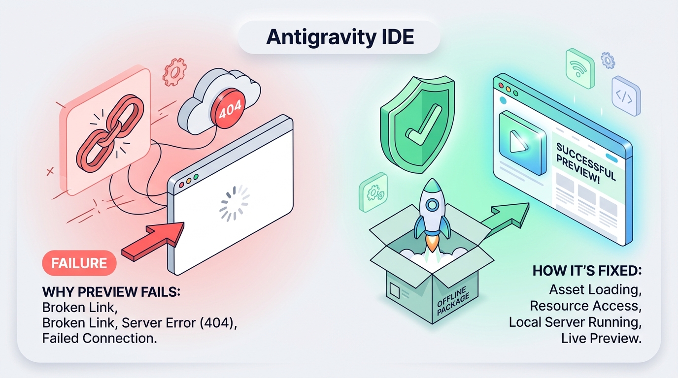 Infographic illustrating why Antigravity browser preview fails due to 404 error and how offline packages resolve it